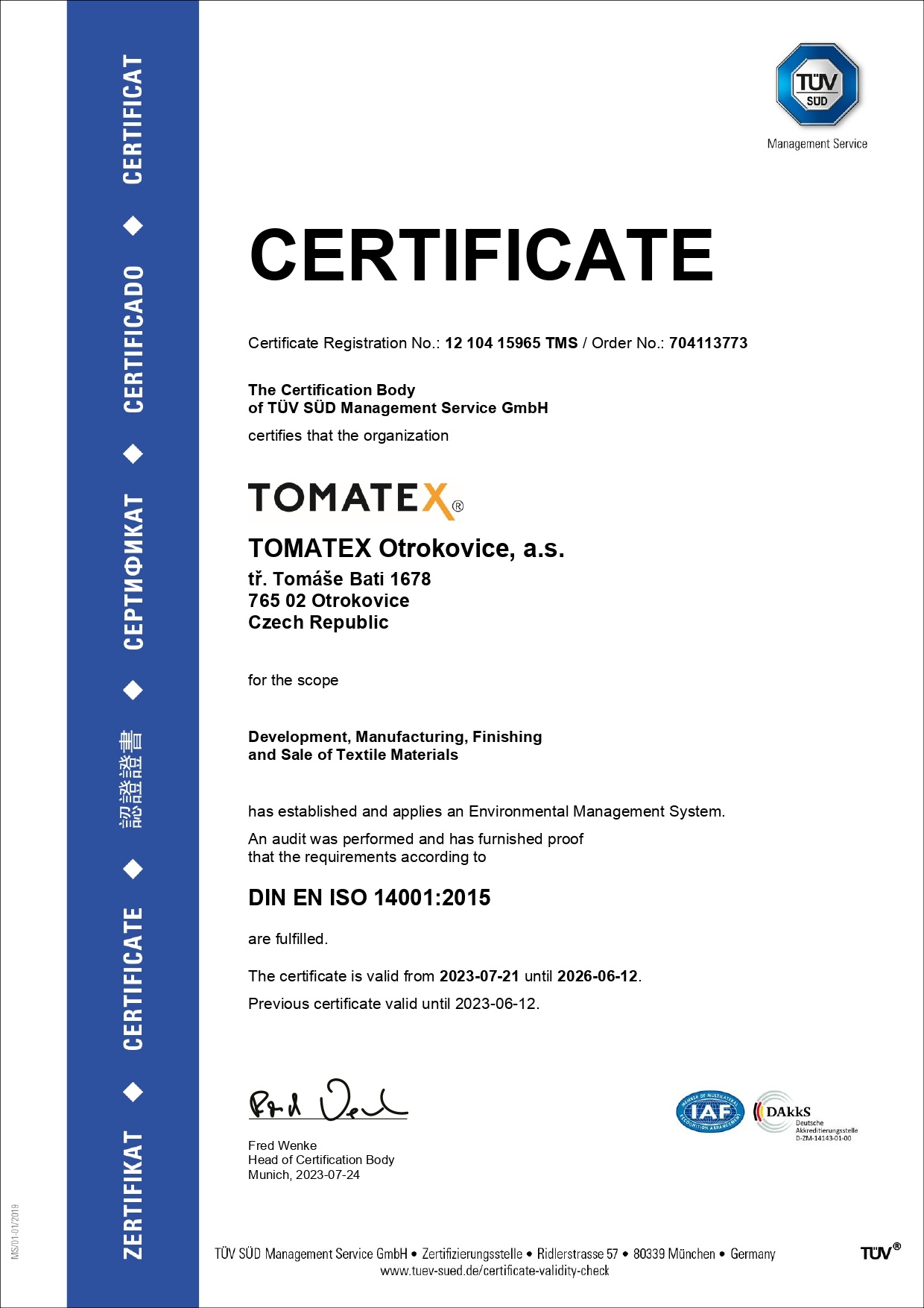 ISO 14001 certificate Tomatex