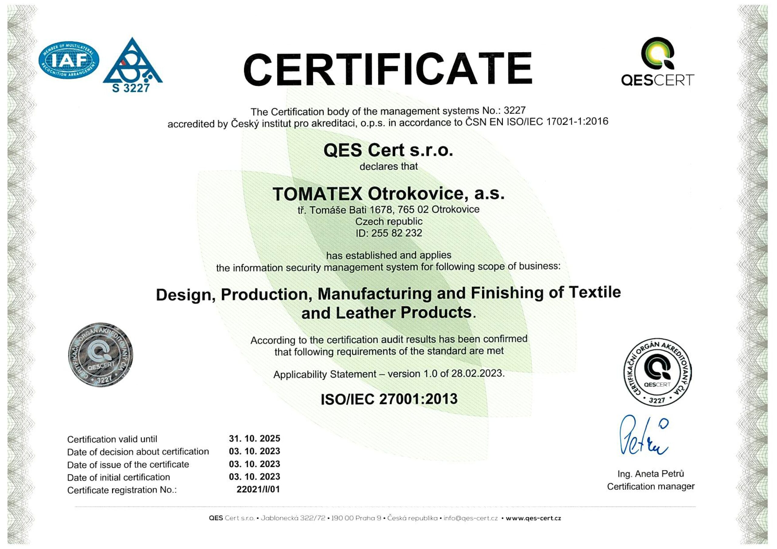 ISO 27001 TOMATEX Otrokovice a.s.-ENG