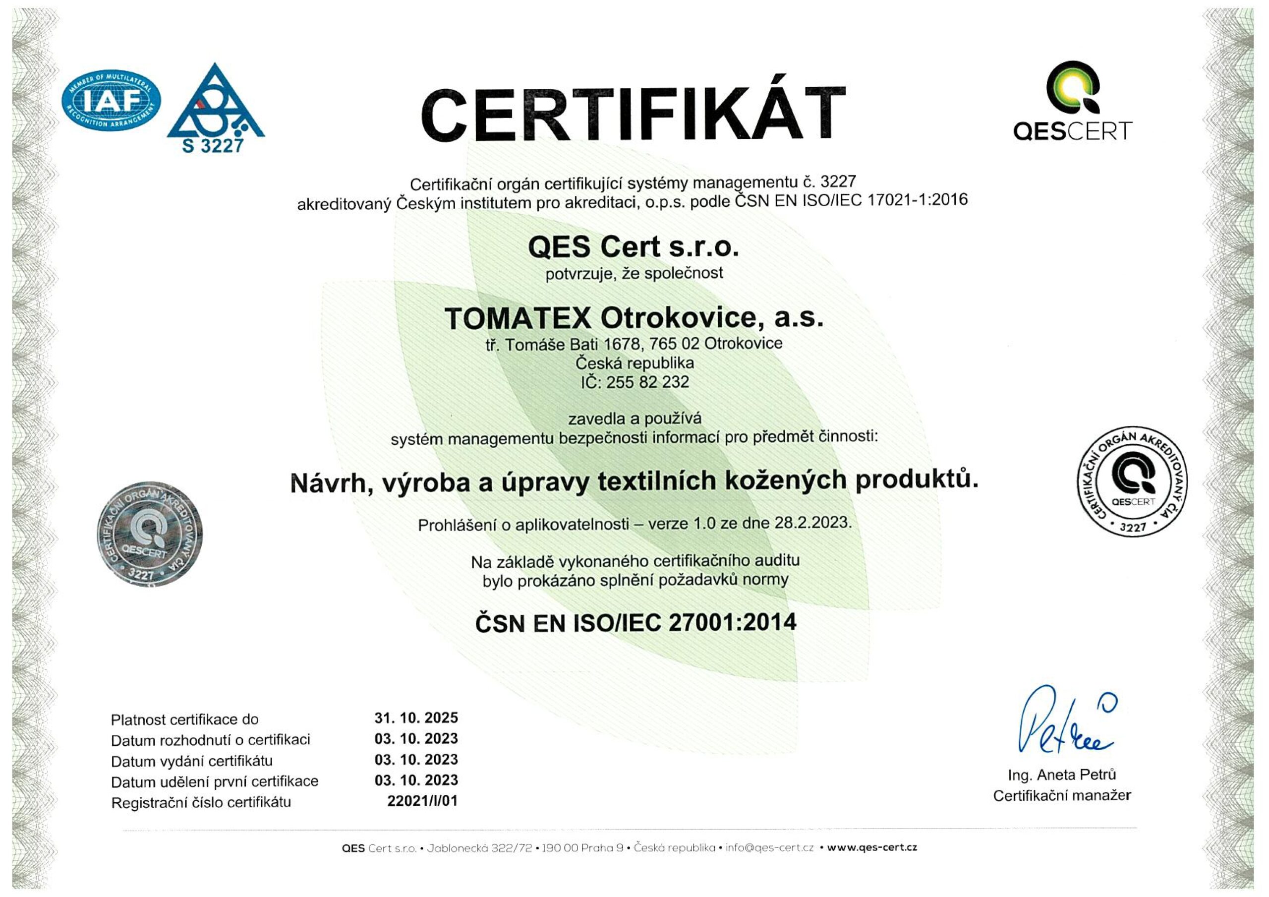 ISO 27001 TOMATEX Otrokovice a.s.-CZ